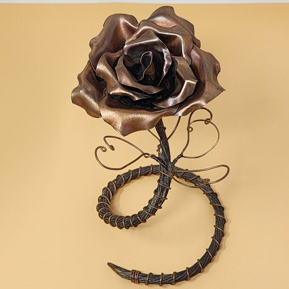 Vintage Handcrafted Antique Copper Finish Metal Rose Sculpture Art Piece - Picture 5 of 10